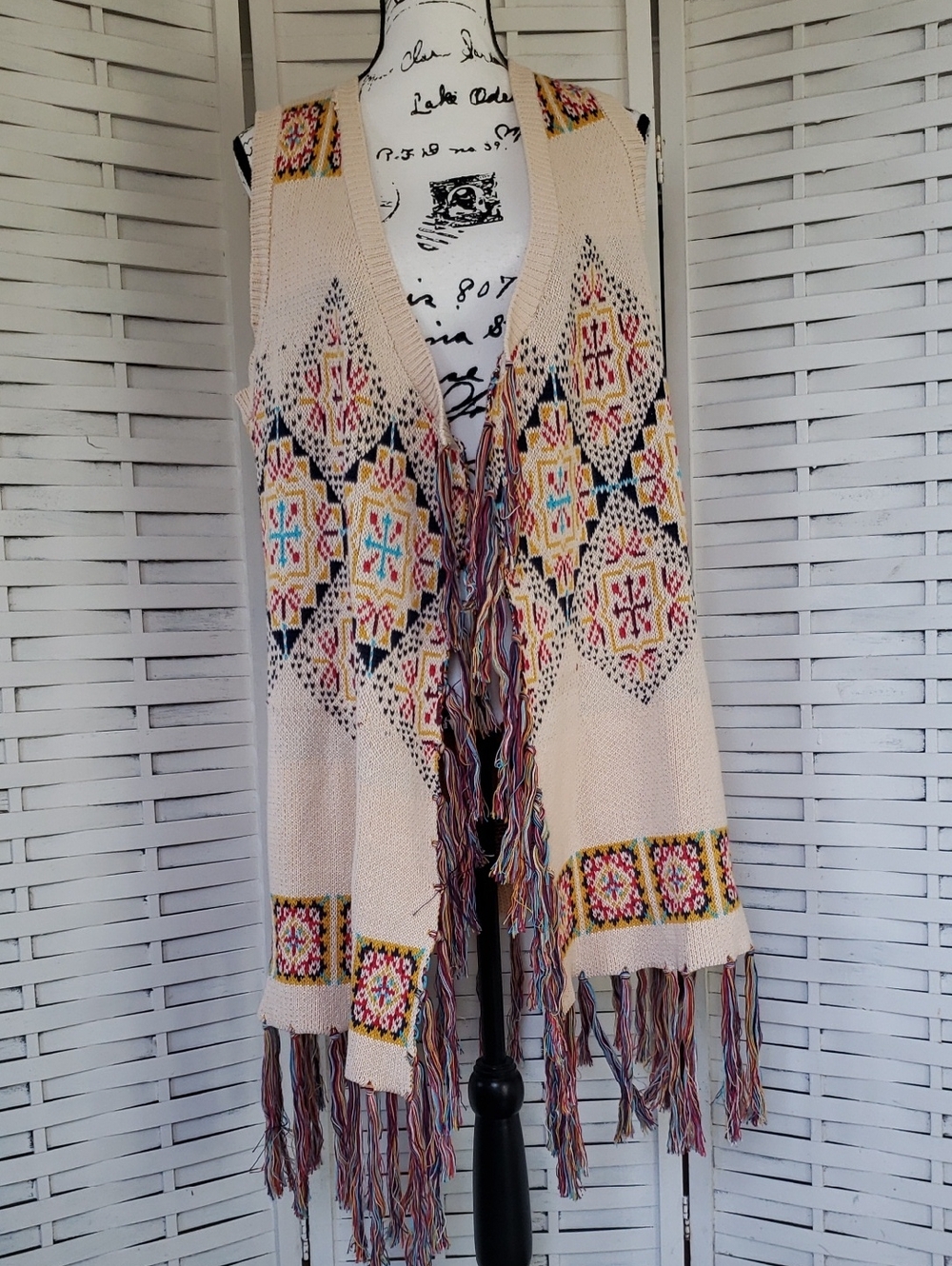 Panhanle Cream Boho Crochet Fringe Vest with Multicolor Embroidery XL